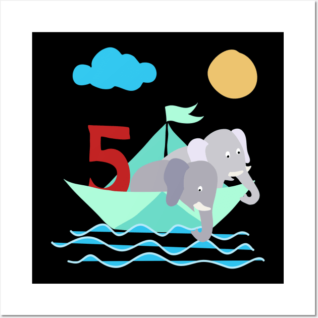 Elephants In Paper Boat Sea 5 Years Birthday Wall Art by SinBle